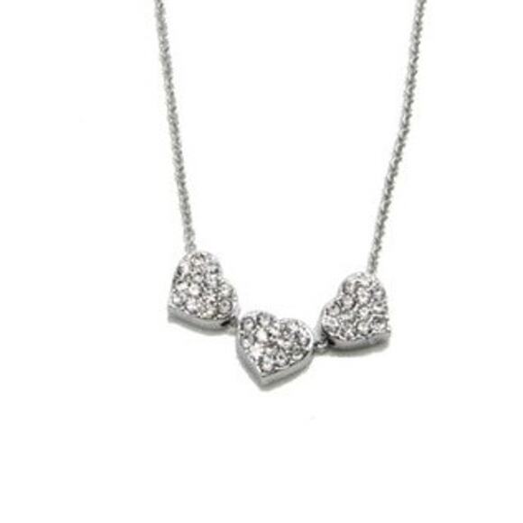 Crystal Silver Hearts Necklace 18k white gold plated pave glass gems matinee - Picture 1 of 6